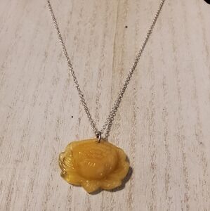 Carved Yellow Jade Lotus Flower Pendant on Sterling Sliver 18" Chain Necklace
